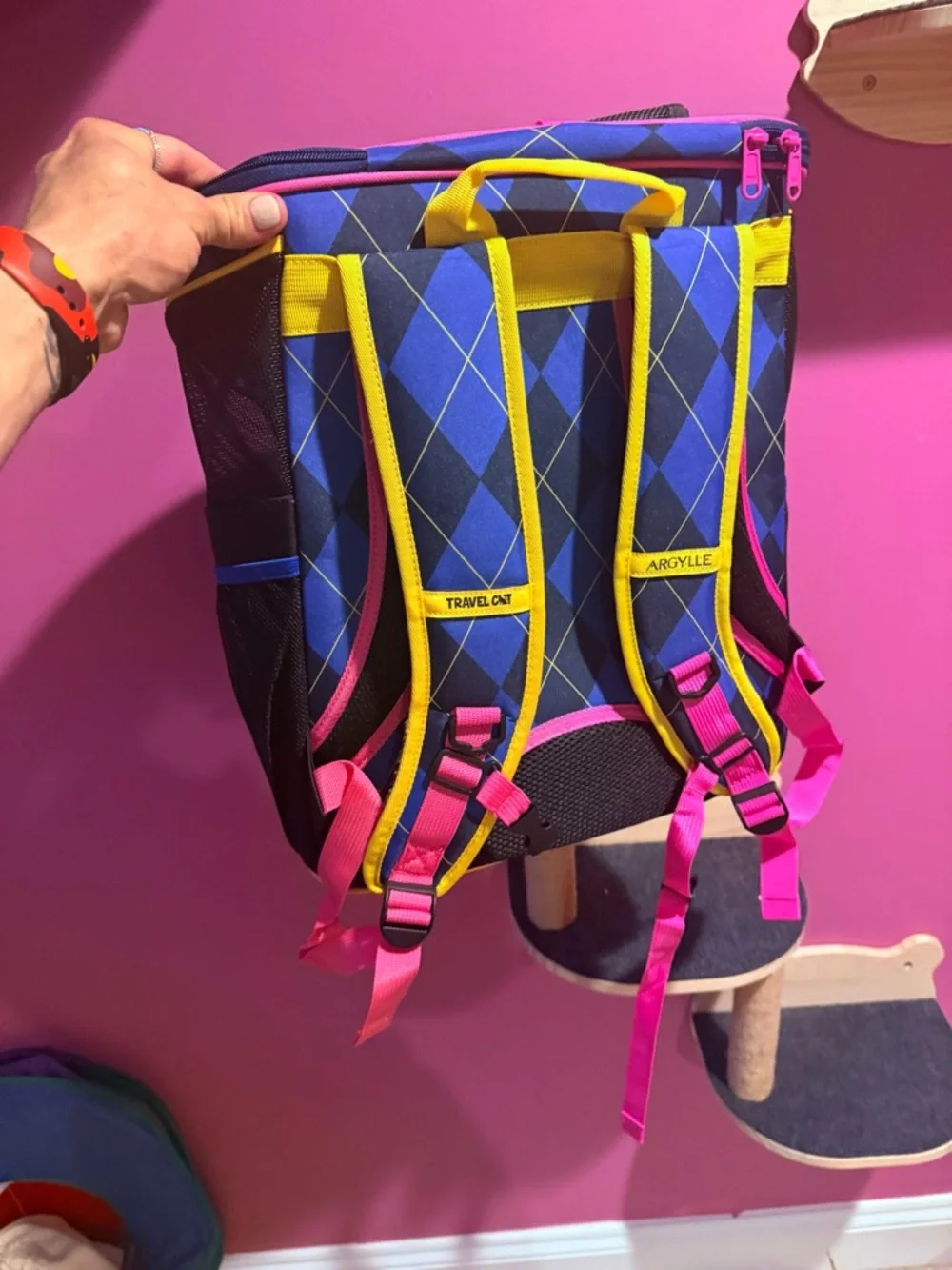 Argyle Bubble Backpack in Blue with Pink Trim